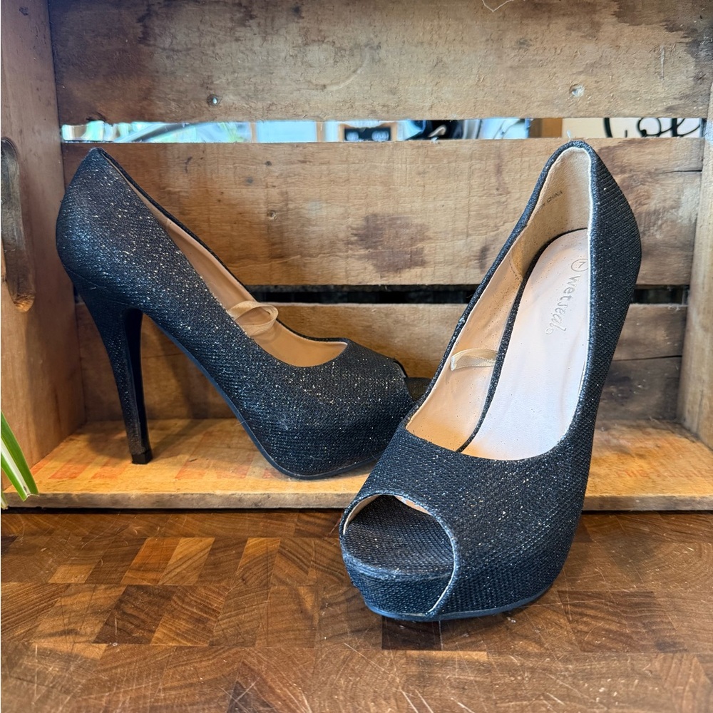 Wet Seal Glittery Black Peep-Toe Heels